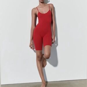 Zara Red Fitted Spaghetti-Strap Shapewear Romper